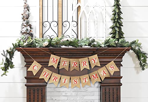 Merry Christmas Snowflake Burlap Banner - Ready to Hang Holiday Decor - Festive Christmas Seasonal Winter Decoration - Xmas Party Photo Prop Decorations - Rustic Bunting Garland by Jolly Jon