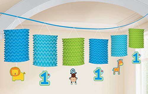 amscan One Wild Boy 1st Birthday Paper Lantern Garland, 6", Blue/Turquoise/Green