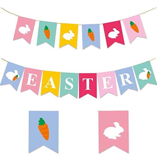 2PCS Easter Banner Decorations, Rabbit Bunny Carrot Happy Easter Banner Decor for Home Office Party Decor , Easter Bunting Bunny Sign Farmhouse Banner
