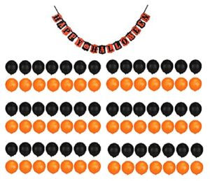 happy halloween banner with balloons – 100 orange & black balloons set – halloween decor party decorations garland bundle by jolly jon