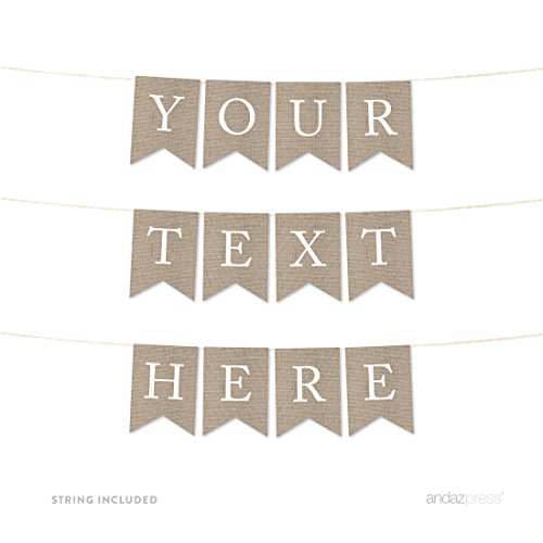 Andaz Press Personalized Hanging Bunting Pennant Party Banner with String, Paper Burlap, Your Text Here, 1-Set, Not Real Fabric, Includes String, Custom Name