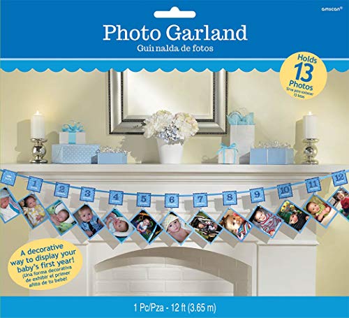 amscan 220108 1st Birthday Glitter Photo Garland - Blue, 1ct, 12'