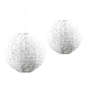 andaz press hanging lace lanterns decorations, real lace fabric, 8-inch and 10-inch, 2-pack, for burlap and lace theme wedding bridal baby shower 1st birthday party supplies girl nursery decor