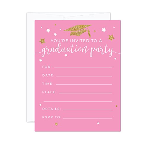 Andaz Press Pink and Gold Glittering Graduation Party Collection, Blank Invitations with Envelopes, 20-Pack