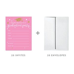 Andaz Press Pink and Gold Glittering Graduation Party Collection, Blank Invitations with Envelopes, 20-Pack