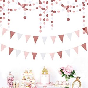 rose-gold party decorations paper garland bachelorette shower engagement wedding birthday party bunting 2ft rose gold pink white hanging decoration streamer 2 pack glitter sprinkles paper triangle