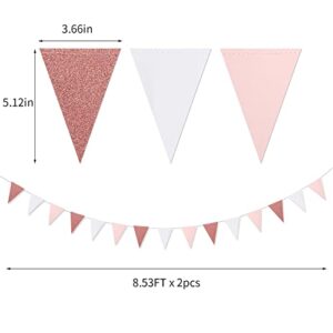 Rose-Gold Party Decorations Paper Garland Bachelorette Shower Engagement Wedding Birthday Party Bunting 2Ft Rose Gold Pink White Hanging Decoration Streamer 2 Pack Glitter Sprinkles Paper Triangle