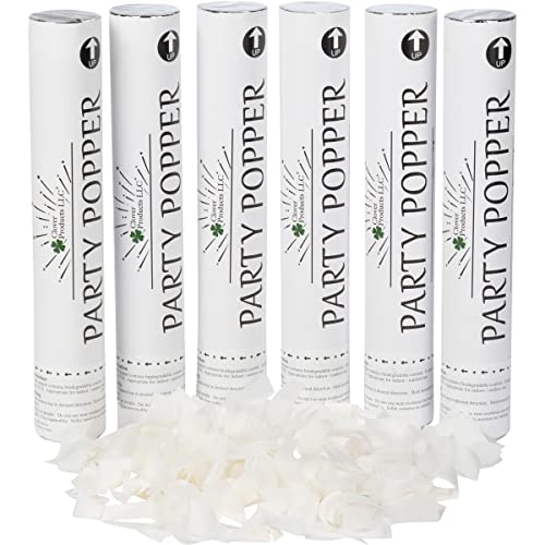 Clover Products Large Premium Wedding Confetti Cannon - (6 Pack) White Biodegradable Paper Confetti Popper | Launches Confetti 20-25 Feet | Party Poppers for Wedding or any occasion.