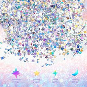 60 g/ 2.1 oz Holographic Star and Moon Table Confetti Iridescent Metallic Glitter Foil Confetti Sequin Star Moon Scatter for Halloween Birthday Wedding Festival Party DIY (6 mm, 4 mm, Silver)