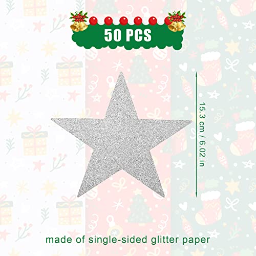 50pcs Glitter Star Cutouts, 6inch Twinkle Star Glitter Paper Confetti Star Shape Paper Cut Outs for Bulletin Board Classroom Wall Party Supplies (Silver)