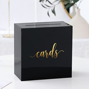 uniqooo black acrylic wedding card box with slot, large 10x10x5.5 inch w/ gold foil | wedding receptions wishing well money box, birthdays, memory box