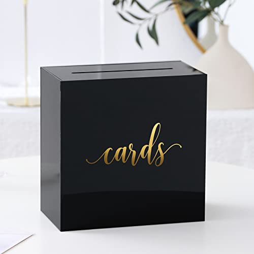 UNIQOOO Black Acrylic Wedding Card Box with Slot, Large 10x10x5.5 inch w/ Gold Foil | Wedding Receptions Wishing Well Money Box, Birthdays, Memory Box