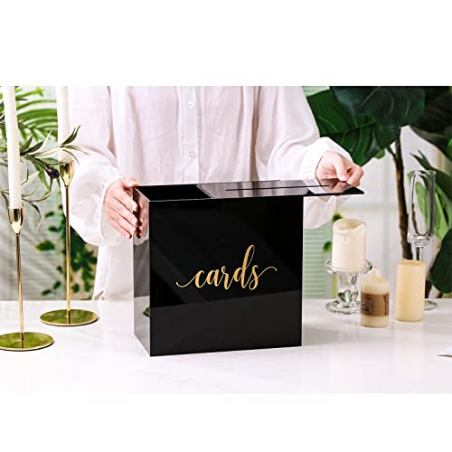 UNIQOOO Black Acrylic Wedding Card Box with Slot, Large 10x10x5.5 inch w/ Gold Foil | Wedding Receptions Wishing Well Money Box, Birthdays, Memory Box