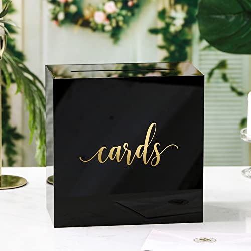 UNIQOOO Black Acrylic Wedding Card Box with Slot, Large 10x10x5.5 inch w/ Gold Foil | Wedding Receptions Wishing Well Money Box, Birthdays, Memory Box