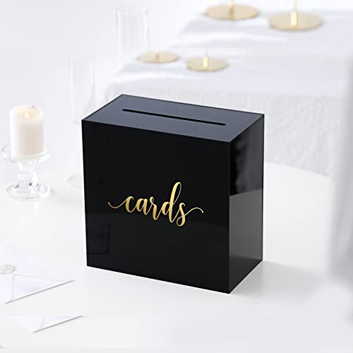 UNIQOOO Black Acrylic Wedding Card Box with Slot, Large 10x10x5.5 inch w/ Gold Foil | Wedding Receptions Wishing Well Money Box, Birthdays, Memory Box