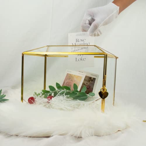 Gold Wedding Glass Card Box with Lock and Slot - Wedding Envelope Card Holder for Reception Clear Lock Box with Key Wedding Gold Glass Card Holder Handmade Vintage Wedding Card Box