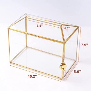 RUNIGOO Wedding Card Box, Gold Geometric Glass Card Box with Slot and Heart Lock Clear Terrarium Planter for Wedding Reception, Keepsake Gift, Clear Party Centerpiece, Home Deacr