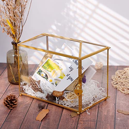 RUNIGOO Wedding Card Box, Gold Geometric Glass Card Box with Slot and Heart Lock Clear Terrarium Planter for Wedding Reception, Keepsake Gift, Clear Party Centerpiece, Home Deacr