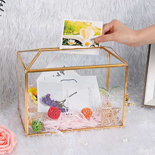 RUNIGOO Wedding Card Box, Gold Geometric Glass Card Box with Slot and Heart Lock Clear Terrarium Planter for Wedding Reception, Keepsake Gift, Clear Party Centerpiece, Home Deacr