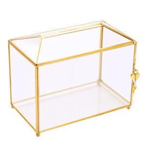gold wedding glass card box – 10.6 inch large wedding card holder handmade gold glass terrarium with slot and heart lock, 10.6×5.9×8.3 inches