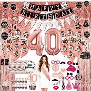 40th birthday decorations for women – (76pack) rose gold party banner, pennant, hanging swirl, birthday balloons, foil backdrops, cupcake topper, plates, photo props, birthday sash for gifts women