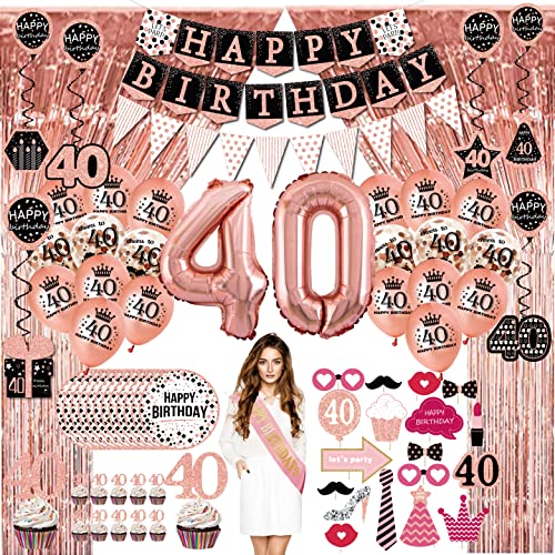 40th birthday decorations for women - (76pack) rose gold party Banner, Pennant, Hanging Swirl, birthday Balloons, Foil Backdrops, cupcake Topper, plates, Photo Props, Birthday Sash for gifts women