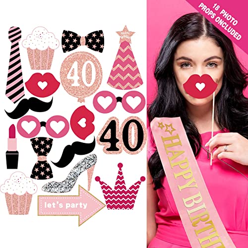 40th birthday decorations for women - (76pack) rose gold party Banner, Pennant, Hanging Swirl, birthday Balloons, Foil Backdrops, cupcake Topper, plates, Photo Props, Birthday Sash for gifts women