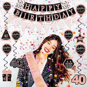 40th birthday decorations for women - (76pack) rose gold party Banner, Pennant, Hanging Swirl, birthday Balloons, Foil Backdrops, cupcake Topper, plates, Photo Props, Birthday Sash for gifts women