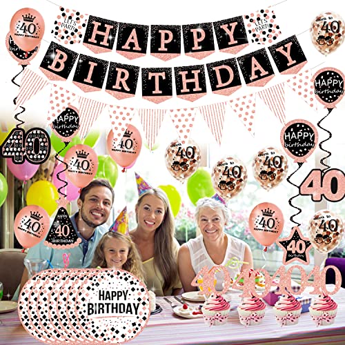 40th birthday decorations for women - (76pack) rose gold party Banner, Pennant, Hanging Swirl, birthday Balloons, Foil Backdrops, cupcake Topper, plates, Photo Props, Birthday Sash for gifts women