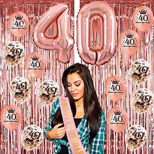 40th birthday decorations for women - (76pack) rose gold party Banner, Pennant, Hanging Swirl, birthday Balloons, Foil Backdrops, cupcake Topper, plates, Photo Props, Birthday Sash for gifts women