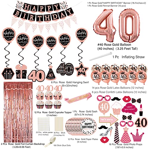 40th birthday decorations for women - (76pack) rose gold party Banner, Pennant, Hanging Swirl, birthday Balloons, Foil Backdrops, cupcake Topper, plates, Photo Props, Birthday Sash for gifts women