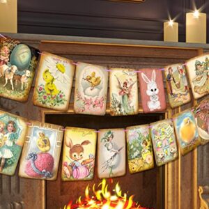 easter decorations vintage style easter day banner, 15 pcs easter hang bunting garland decoration for mantle fireplace indoor outdoor easter party supplies