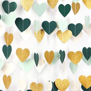 sage-green mint beige-gold love-heart garland – 52ft rustic wedding hanging decoration streamers banner, baby safari birthday bachelorette bridal shower engagement valentines party decor panduola