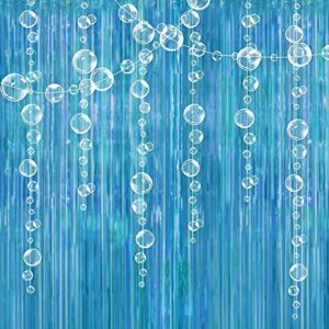 ocean blue under the sea party decoration tinsel foil fringe curtain backdrop with hanging white bubble garland for mermaid birhthday party wedding engagement photo background bridal baby shower birthday sweet 16 party supplies