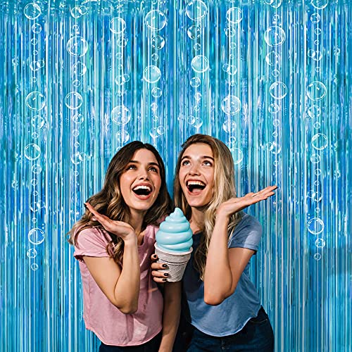 Ocean Blue Under the Sea Party Decoration Tinsel Foil Fringe Curtain Backdrop with Hanging White Bubble Garland for Mermaid Birhthday Party Wedding Engagement Photo Background Bridal Baby Shower Birthday Sweet 16 Party Supplies