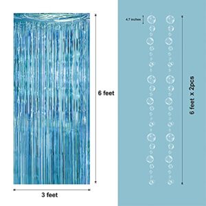 Ocean Blue Under the Sea Party Decoration Tinsel Foil Fringe Curtain Backdrop with Hanging White Bubble Garland for Mermaid Birhthday Party Wedding Engagement Photo Background Bridal Baby Shower Birthday Sweet 16 Party Supplies