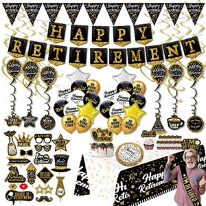 happy retirement party decorations supplies – (80pack) black gold party banner, pennant, hanging swirl, retirement balloons, tablecloths, cupcake topper, crown, plates, photo props, retired sash
