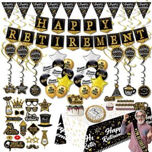 Happy Retirement Party Decorations supplies - (80pack) black gold party Banner, Pennant, Hanging Swirl, retirement balloons, Tablecloths, cupcake Topper, Crown, plates, Photo Props, retired Sash