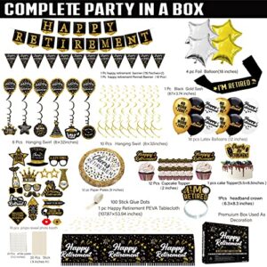 Happy Retirement Party Decorations supplies - (80pack) black gold party Banner, Pennant, Hanging Swirl, retirement balloons, Tablecloths, cupcake Topper, Crown, plates, Photo Props, retired Sash