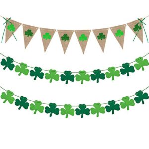 3 pack shamrock garland banners, burlap rustic st. patrick’s day banner & felt shamrock garland decorations for irish lucky day home outdoor hanging decor