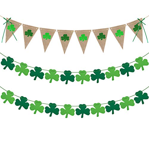 3 Pack Shamrock Garland Banners, Burlap Rustic St. Patrick's Day Banner & Felt Shamrock Garland Decorations for Irish Lucky Day Home Outdoor Hanging Decor