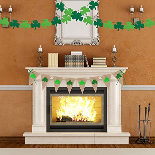 3 Pack Shamrock Garland Banners, Burlap Rustic St. Patrick's Day Banner & Felt Shamrock Garland Decorations for Irish Lucky Day Home Outdoor Hanging Decor