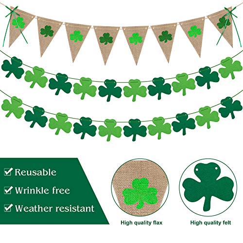 3 Pack Shamrock Garland Banners, Burlap Rustic St. Patrick's Day Banner & Felt Shamrock Garland Decorations for Irish Lucky Day Home Outdoor Hanging Decor