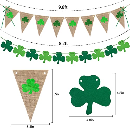 3 Pack Shamrock Garland Banners, Burlap Rustic St. Patrick's Day Banner & Felt Shamrock Garland Decorations for Irish Lucky Day Home Outdoor Hanging Decor