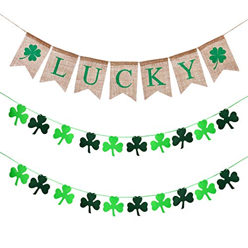 3 Pieces St. Patrick's Day Banner Decoration Irish Lucky Burlap Banner Felt Shamrock Clover Garland Banner for St. Patrick's Day Irish Party Supplies