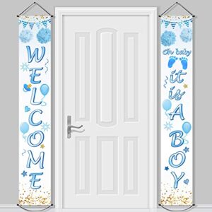 baby shower decorations welcome it is a boy banner backdrop background door hanging porch sign for baby shower party supplies, 71 x 12 inch