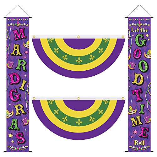 Mardi Gras Decor, Mardi Gras Backdrop Banner, Mardi Gras Porch Signs Hanging Banner, Carnival Fleur De Lis Fan Bunting Flag, Mardi Gras Outdoor Hanging Decorations for Masquerade Parade Float Party