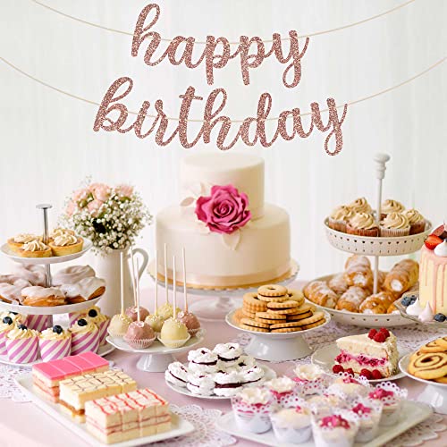 Pre-Strung Happy Birthday Banner - NO DIY - Rose Gold Glitter Birthday Banner in Script - Pre-Strung Garland on 6 ft Strands - Rose Gold Birthday Party Decorations & Decor. Did we mention no DIY?