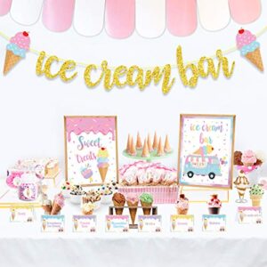 ice cream bar decorations kit, ice cream sundae bar glitter banner, ice cream table sign food labels tents cup tag sticker for summer ice cream theme birthday baby bridal shower wedding party supplies