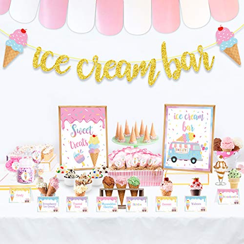 Ice Cream Bar Decorations Kit, Ice Cream Sundae Bar Glitter Banner, Ice Cream Table Sign Food Labels Tents Cup Tag Sticker for Summer Ice Cream Theme Birthday Baby Bridal Shower Wedding Party Supplies